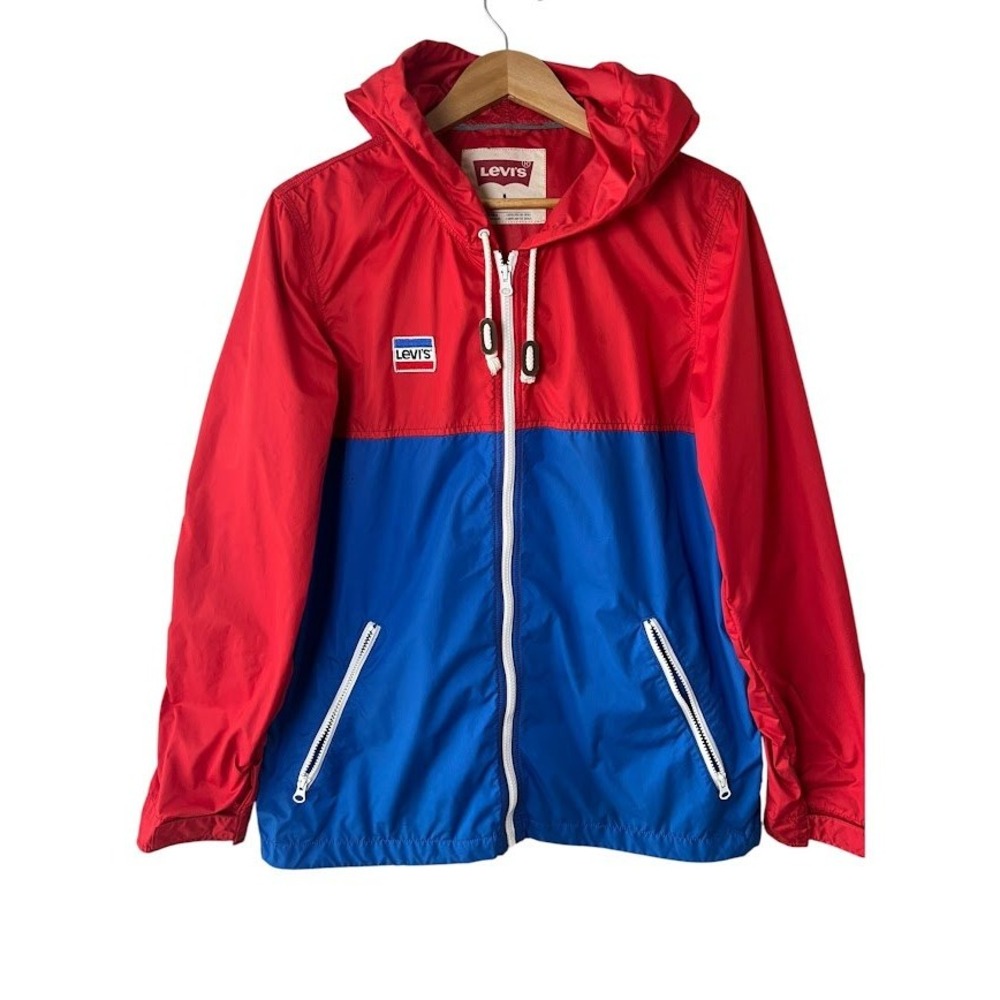Levis Mens Retro Colorblock Windbreaker Jacket Red Blue Full Zip Hooded‎ Size M